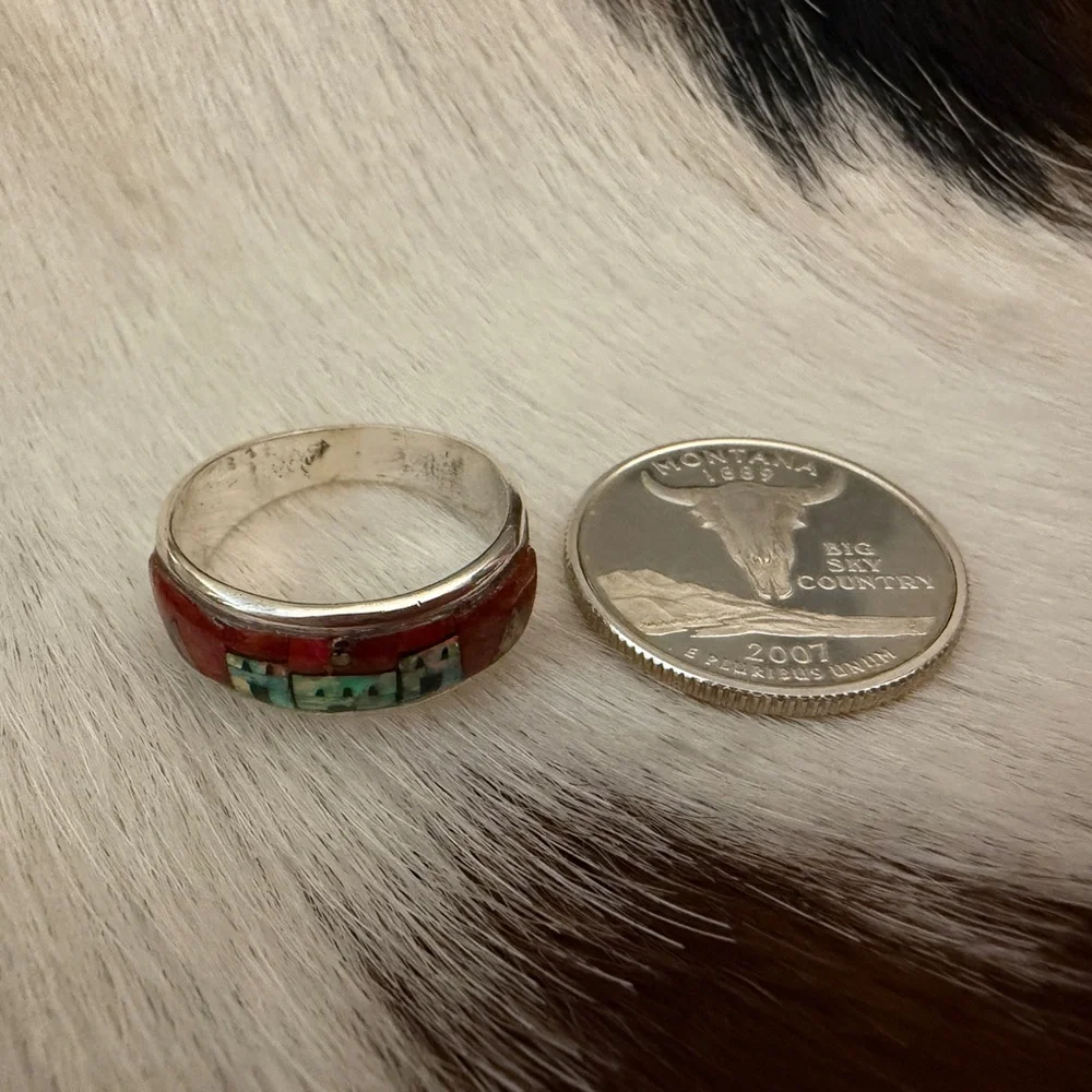 ❤️ Signed “AZ” Galaxy Micro Inlaid 925 Native Pueblo Scene Ring Size 9.75 Unisex